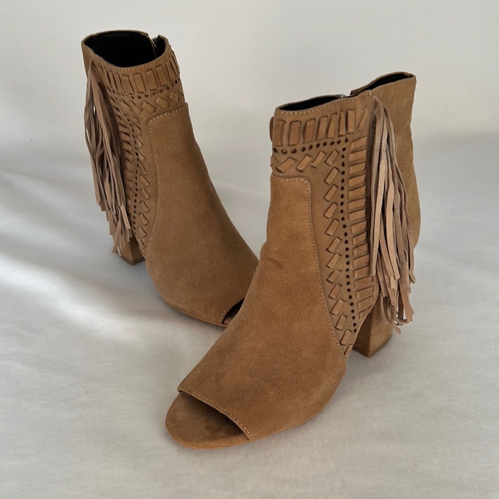 Rebecca Minkoff Camel Suede Peep Toe Booties with Fringe